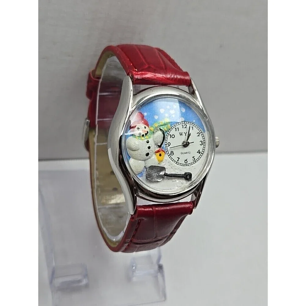 WYL Snowman Christmas Quartz Watch Red Leather Strap Novelty New Battery USA 3D